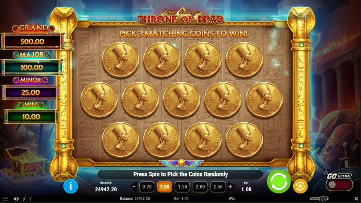 Legion Gold and the Throne of Dead slot game interface showing ancient Egyptian and Roman themes