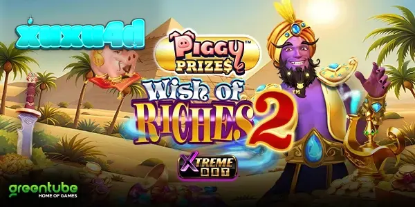 Tampilan visual ceria dari permainan slot Piggy Prizes Wish of Riches 2 dengan elemen koin emas dan karakter Genie.