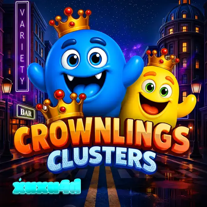 Tampilan visual grid 5x5 permainan slot Crownlings Clusters dengan karakter berwarna-warni.